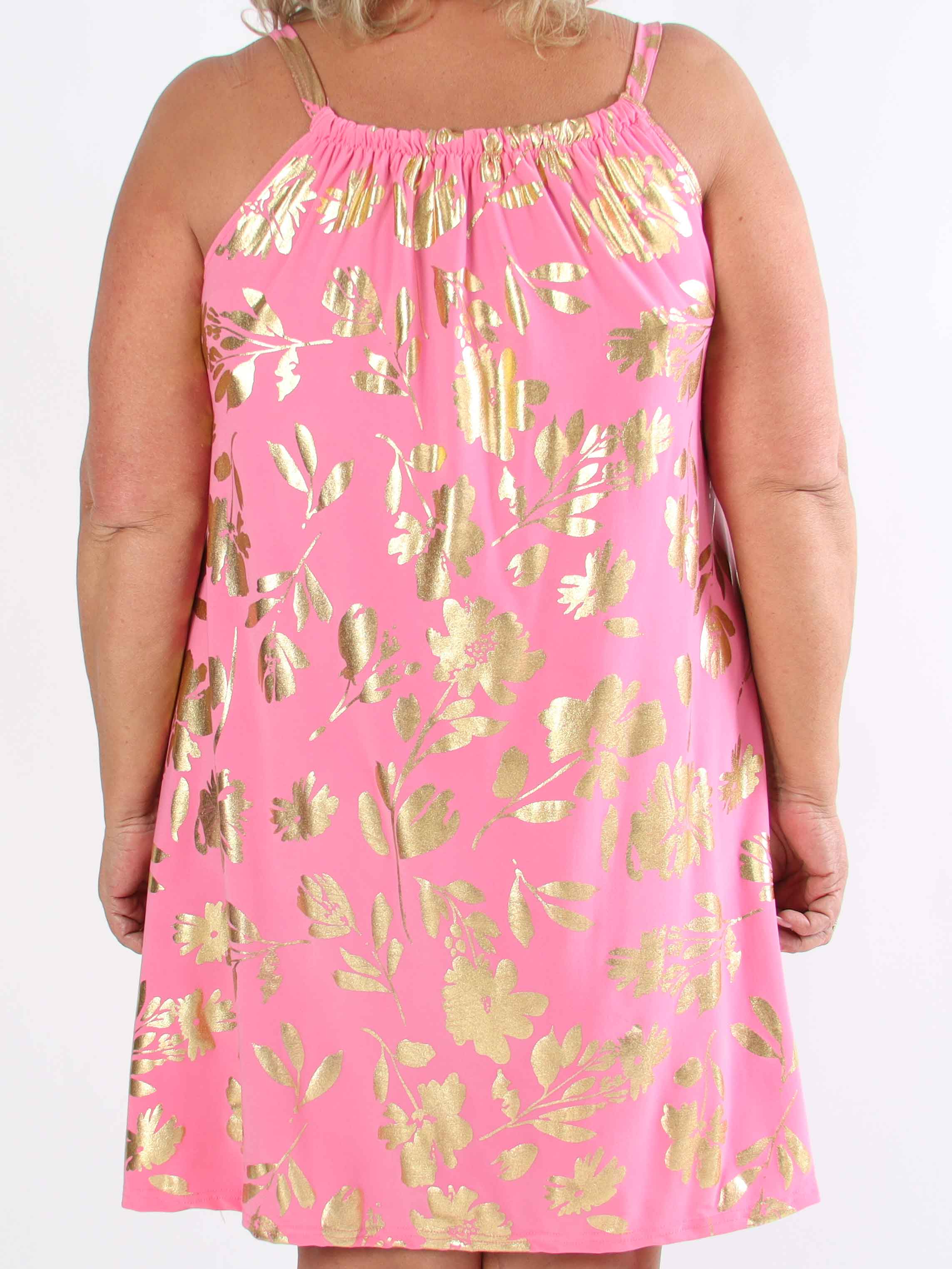 SunLove Gold Flower - Elastisk plus size stropkjole med store guldblade